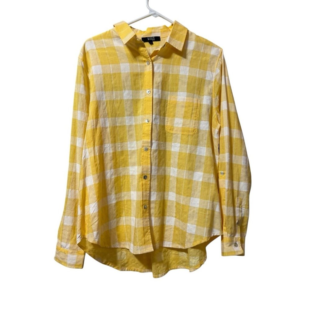 Lior Paris Women Top L Yellow‎ Check Button Up Preppy Coastal Beach Lightweight